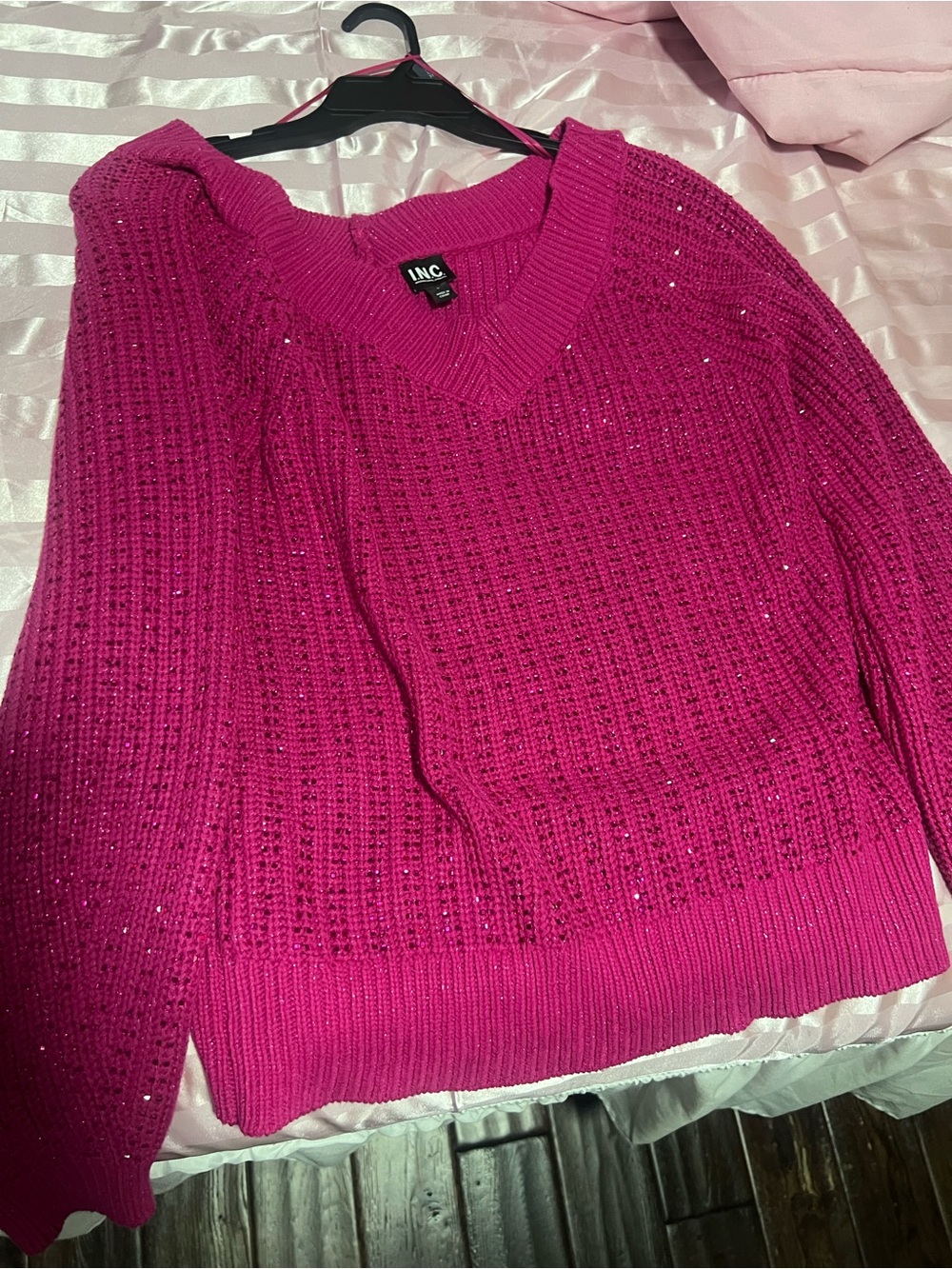 INC International Concepts Bright Pink V-Neck Sparkle Knit Sweater